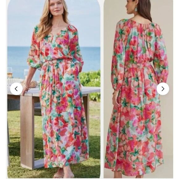 Soft Surroundings Womens Maxi Dress Sz Medium Chiffon Watercolor Floral Feminine - Picture 1 of 10